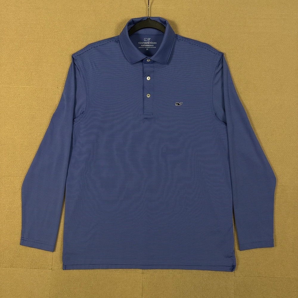 Vineyard Vines Performance Polo Mens M Blue Striped Long Sleeve Whale Logo Golf